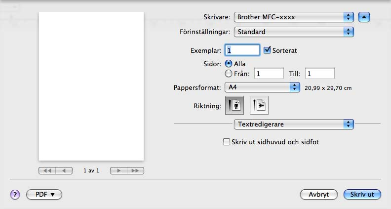 Utskrift och faxsändning Sända ett fax (endast MFC-modeller) 8 Du kan skicka fax direkt från ett Macintosh-program. a Skapa ett dokument i ett Macintosh-program. b Från ett program som t.ex.