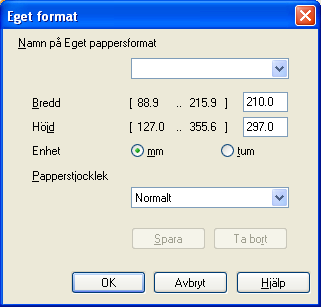 Utskrift Pappersformat 1 I alternativet Pappersformat ingår ett stort urval av vanliga pappersformat. Om du vill, kan du skapa ett anpassat format från 88,9 127,0 mm (3,5 5 in.
