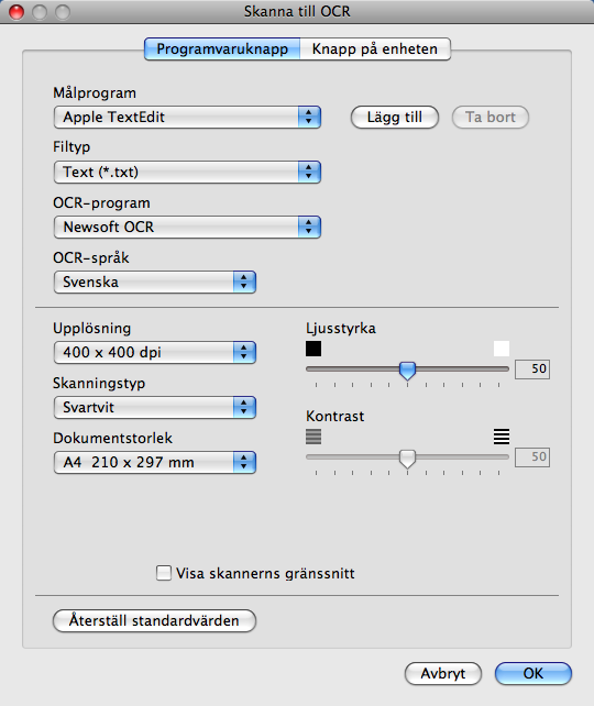 ControlCenter2 OCR (ordbehandlingsprogram) 10 Med Skanna till OCR omvandlas grafiska bilddata till text som kan redigeras i valfritt ordbehandlingsprogram. Du kan ändra standardordbehandlare.