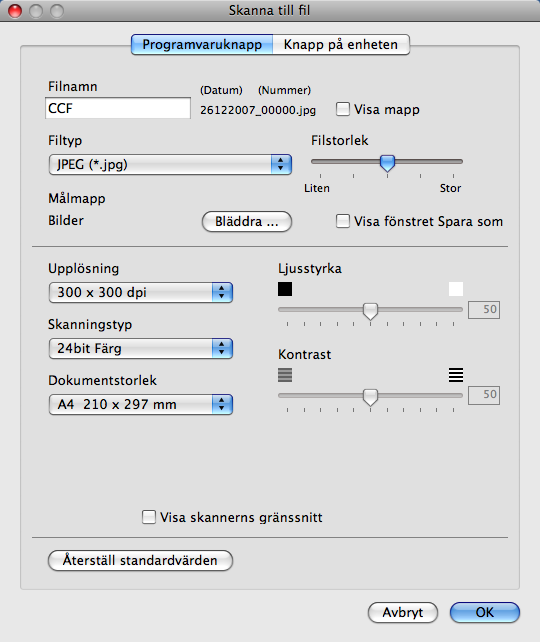 ControlCenter2 Fil 10 Med knappen Skanna till fil kan du skanna en bild till en mapp på hårddisken i valfritt filformat. På det här sättet kan du lätt arkivera dina pappersdokument.