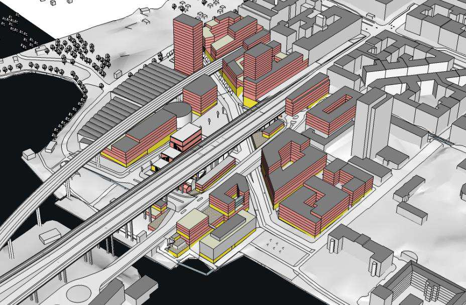 1 Bakgrund och syfte Figur 1 Studerat område Sweco har fått uppdraget av Stockholm Stad att beräkna bullernivåer från trafik vid planerad bebyggelse inom programområdet för programförslag Södra