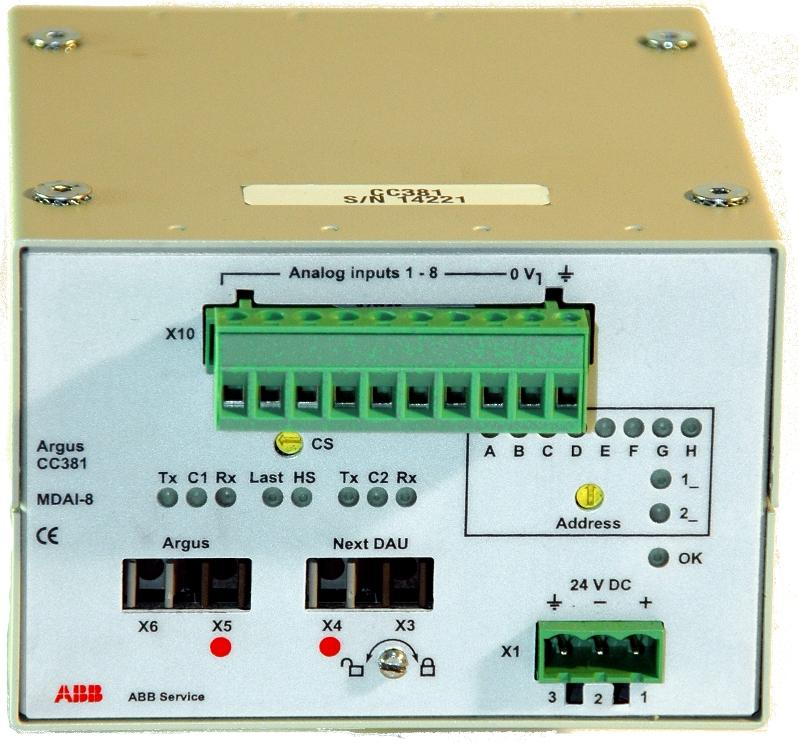 ABB Argus CC381 8 analog input channels Analog input Number of channels: 8 Measuring range: 12,5 V Resolution: 12 bit (6,1 mv) Input impedance: 1 M 47 pf Anti-aliasing filter: Automatically set