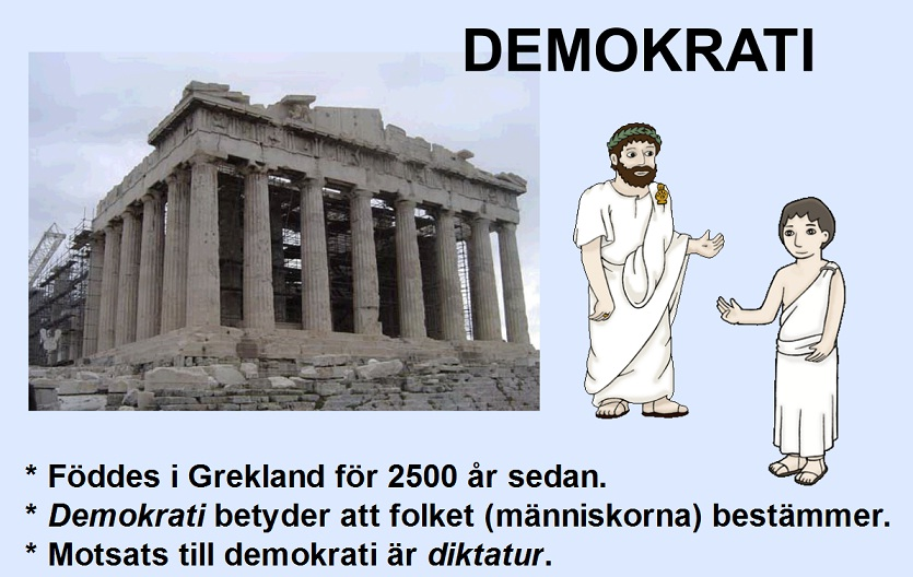 Demokrati = Demokrati betyder folkstyre. Det innebär att det ska vara folket som har makten i ett land, och att folket har rätt att vara med och styra hur landet ska vara.