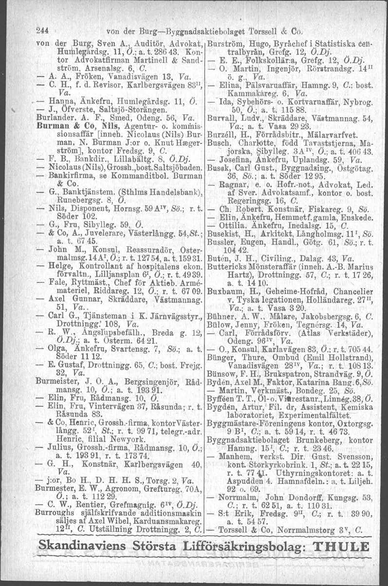 244 von der Burg-Byggnadsaktieholaget 1'0rsse~1 &; en. von der Burg, Sven A.,. Auditör, Advokat, Burström, Hugo, Byråchef i Statistiska cen- Hurnlegårdsg. 11, O.; a. t. 286 43. Kon- tralbyrå;n, Grefg.