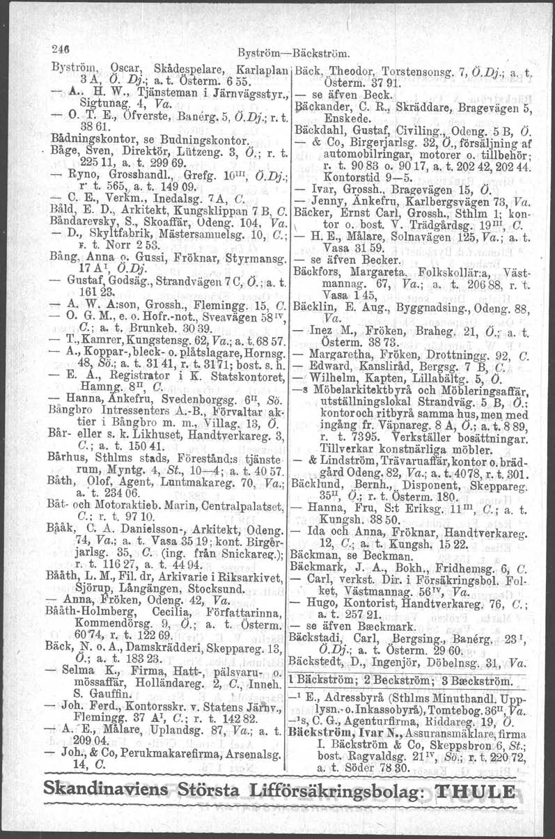 r. 246 Byström-Bäckström. Byström, Oscar, Skådespelare, Karlaplan.Bäck,.Theodor, 'I'orstensonsg, 7, O.Dj.; a. t. 3 A, O. Dj.; a. t. Österm. 655. Österm. 37 91. - A.. H. W., Tjänsteman i Järnvägsstyr.