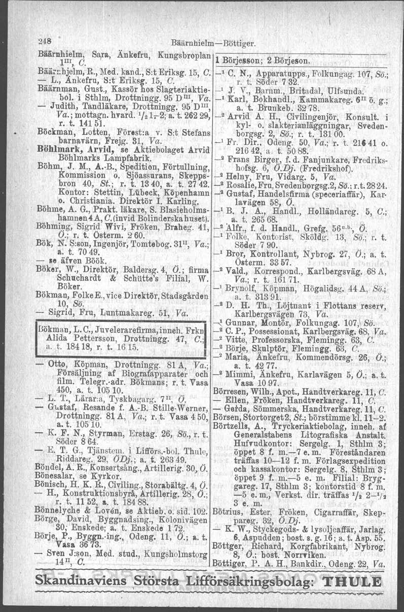 I' 248 Bäärnhielm-Böttiger. Bäärnhielm, pli, C. Sap" Ånkefru, Kungsbroplan"1-B-"-'---2-B-"-' orjesson; ------'----- orjeson., Bäärnhjelm, R., Med. kand., S:tEriksg. 15, C. _1 C, N., Åpparatupps.