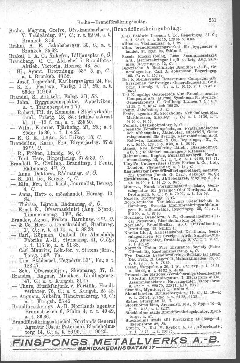 Brahe- Brandforsäkringsbolag. 231 Brahe, Magnus, Grefve, Öfv kammarherre, Brandförsäkringsbolag: V. Trädgårdsg. gil, C.; r. t. 5294, a. t. A..B. Baldwin Larsson.Il; ce, Regeringsg. 31.O.; Brunkeb.