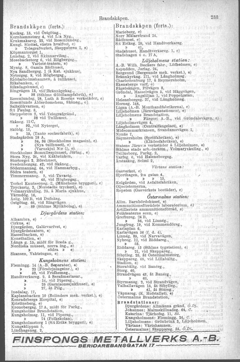 Brandskåpen (forts.). Kocksg. 15, vid Östgötag., Kornhamnstorg 4, vid L:a Nyg.,. Krukmakareg. 22, vid RosenIundsg., Kungl.