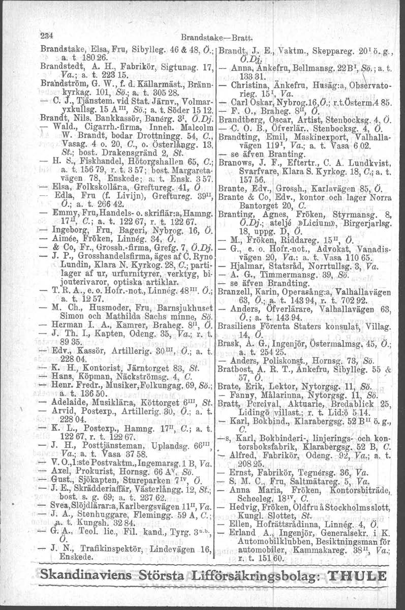r--- - ~n Brandstake- Bratt. Brandstake. Elsa, Fru,. a. t 18026.' Sibylleg. 46 & 48, O.; Brandt, J. E., Vaktm., O.Di, Skeppareg. 201 ö.g., Brandstedt, A. H., Fabrikör, Sigtunag.