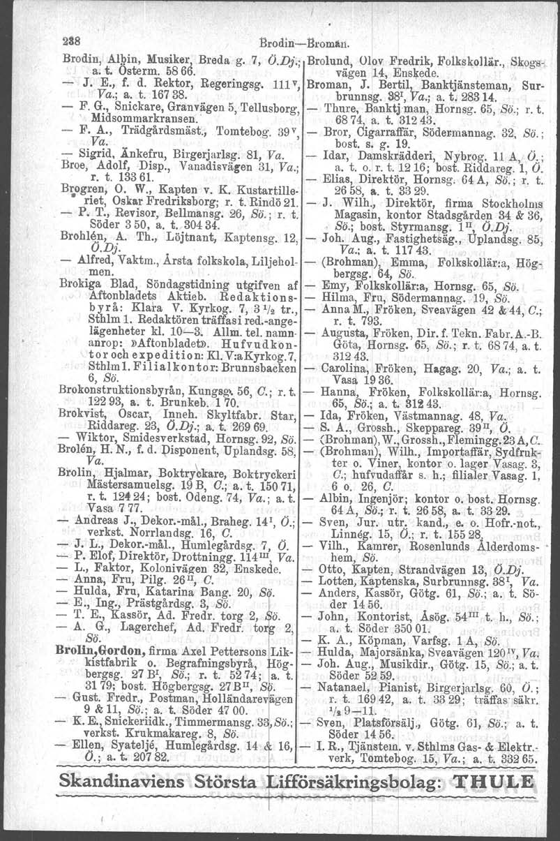 288 Brodin-s-Broman. Brodin, AI1>in, Musikel', Breda g. 7, O.Dj.; Brolund, Olov Fredrik, Folkskol1ii.r., Skogaa. t. Osterm. 5866. vägen,14, Enskede. - J. E., f. d. Rektor, Regeringsg, 111v, Broman, J.