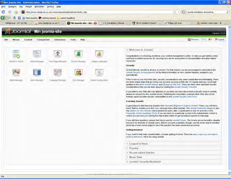 Klicka på preview och du ser siten med exempeldata installerat; Gå sedan till svenska Joomla sidan (http://www.svenskjoomla.