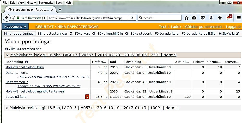 Modul och tentamenslänkar När du går in på ett kurstillfälle visas kursens moduler. Varje modul går till en lista med kurstillfällets studenter.