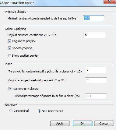 Dessa plan stämmer ofta inte överens med punktmolnet och detta kan bero på inställningar i Shape Extraction options som visas i figur 2.34.