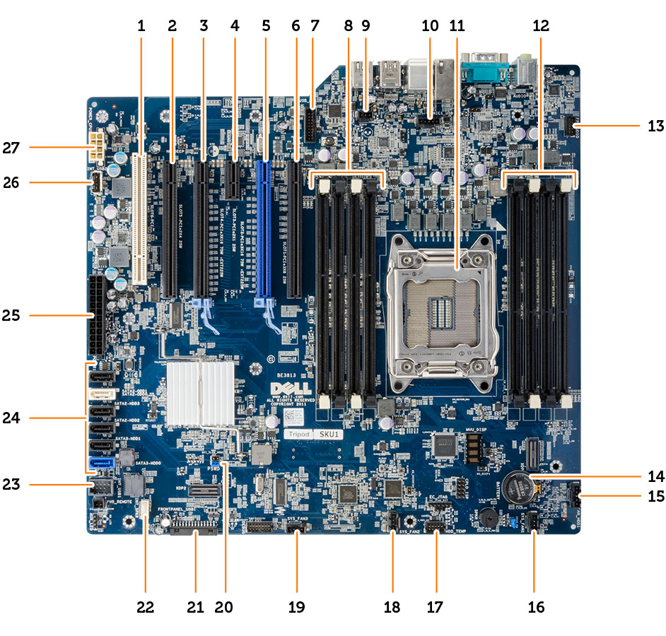 1. PCI-kortplats (kortplats 6) 2. PCIe x16-kortplats (PCIe 2.0 inkopplad som x4) (kortplats 5) 3. PCIe 3.0 x16-kortplats (kortplats 4) 4. PCIe 2.0 x1-kortplats (kortplats 3) 5. PCIe 3.0 x16-kortplats (kortplats 2) 6.