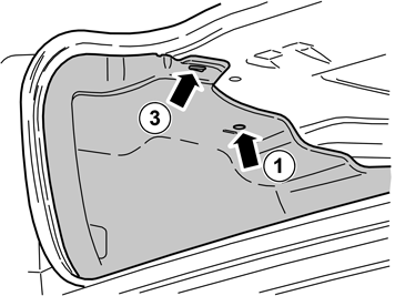 J8504626 6A Borttagning av sidopaneler: Ta bort de fem clipsen (1, bild A och B) som håller fast den vänstra sidopanelen i karossen.