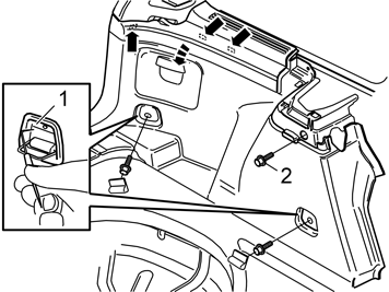 J8504623 13 Borttagning av sidopaneler: Fäll ut lastförankringsöglorna på den vänstra sidopanelen. Ta en ritspenna med vinklad spets och för in i hålen i ovankant av täcklocken (1).