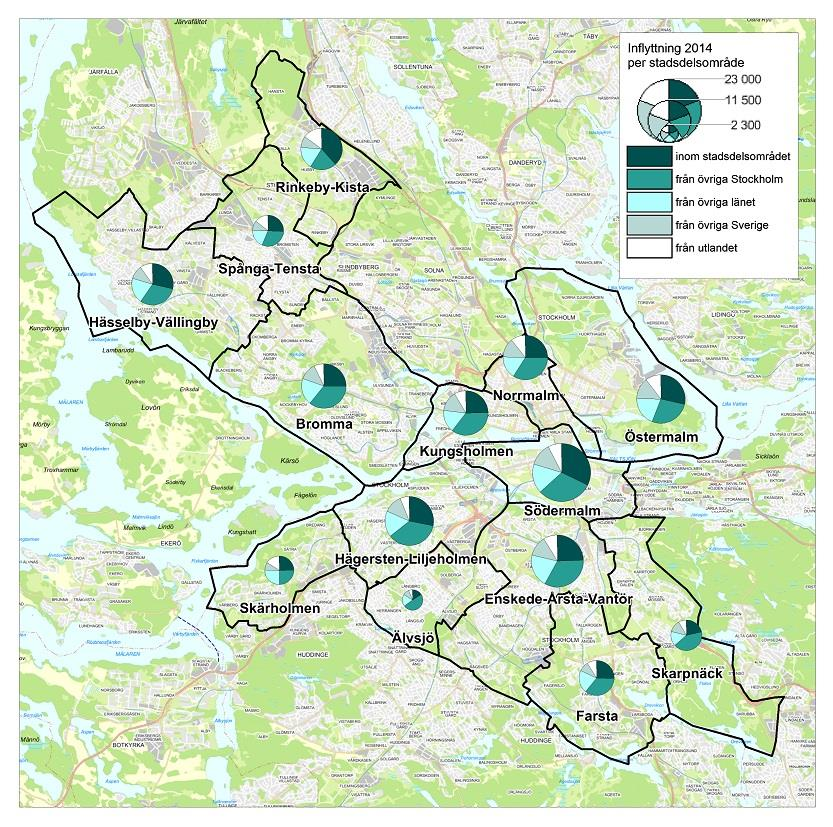 Figur 2, kartan över inflyttning i Stockholms stad visar varifrån inflyttningen till stadsdelsområdena kommer. Cirkeldiagrammens storlek anger hur stort antalet inflyttningar är för området.