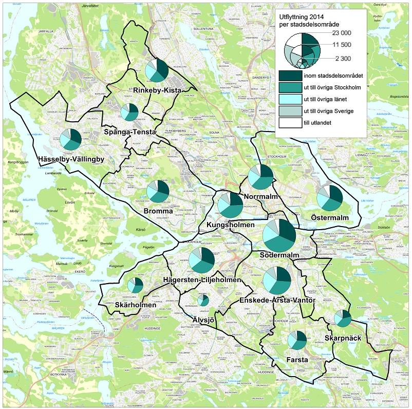Figur 3 nedan visar utflyttningar för stadsdelsområden tillhörande Stockholms stad. Mönstret är ganska likartat för områdena.