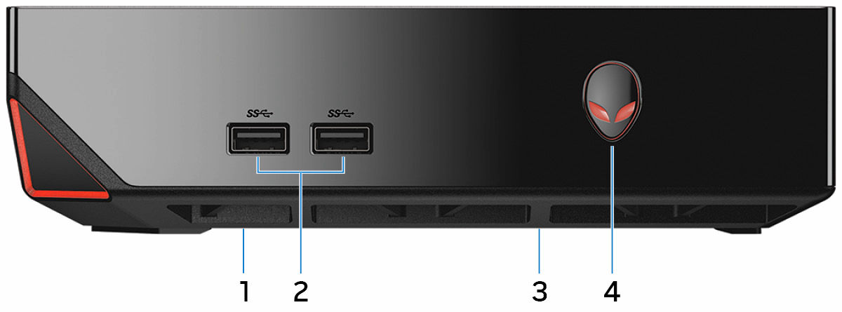 Vyer Framsida 1 USB 2.0-port (under USB-portskyddet) Anslut en Bluetooth/trådlös dongel för trådlöst tangentbord, mus och så vidare. Ger dataöverföringshastigheter på upp till 480 Mbps. 2 USB 3.