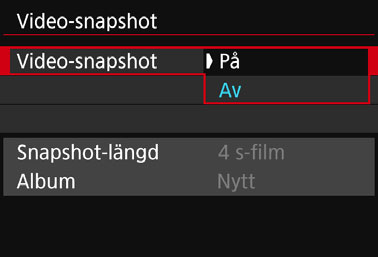 3 Spela in video-snapshots Du kan spela in korta filmklipp på ungefär 2, 4 eller 8 sekunder. De kallas video-snapshot.
