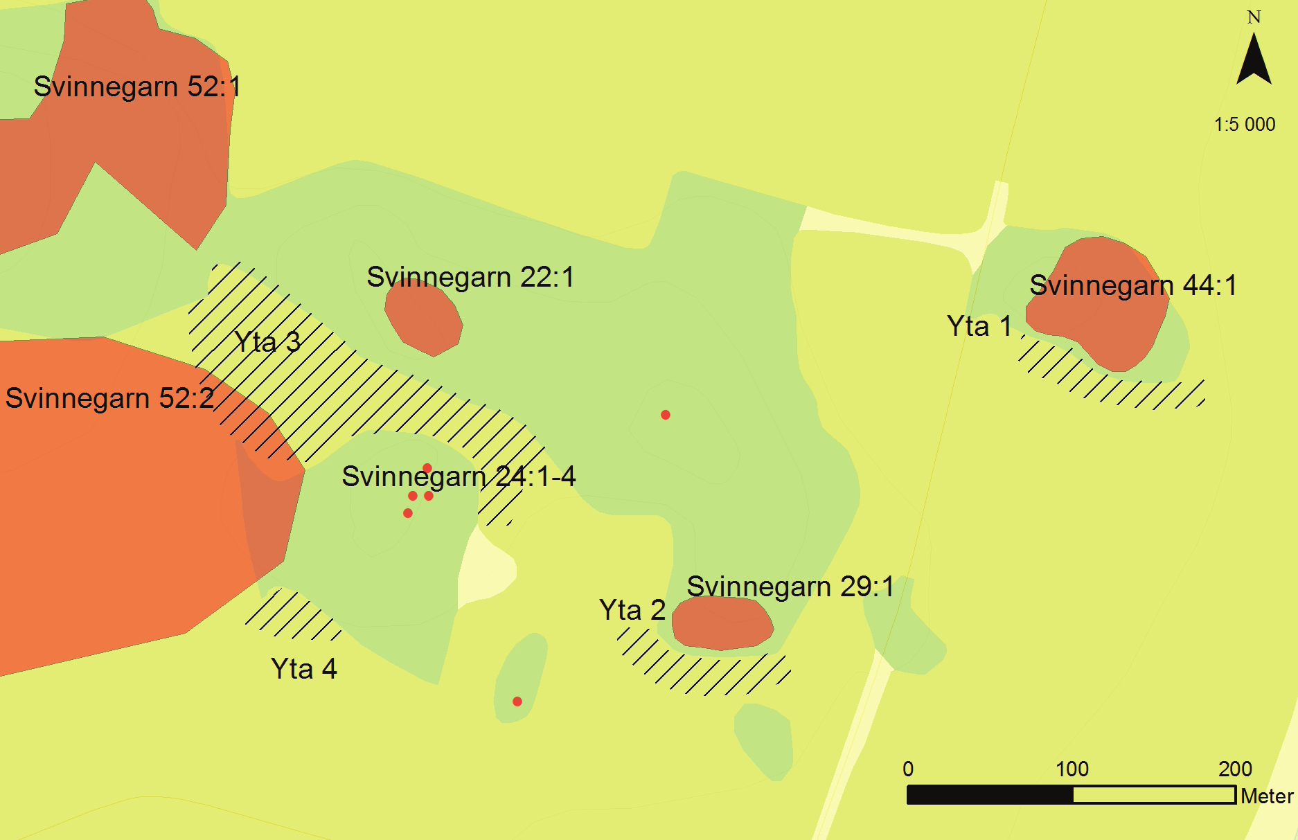 Undersökningsresultat Den östra delen av förundersökningsytan (Yta 1) berörs av planerad VA-lösning och en väg ner mot Notviken. De västra delarna (Ytorna 2 4) berörs av nybyggnation av bostadsområde.