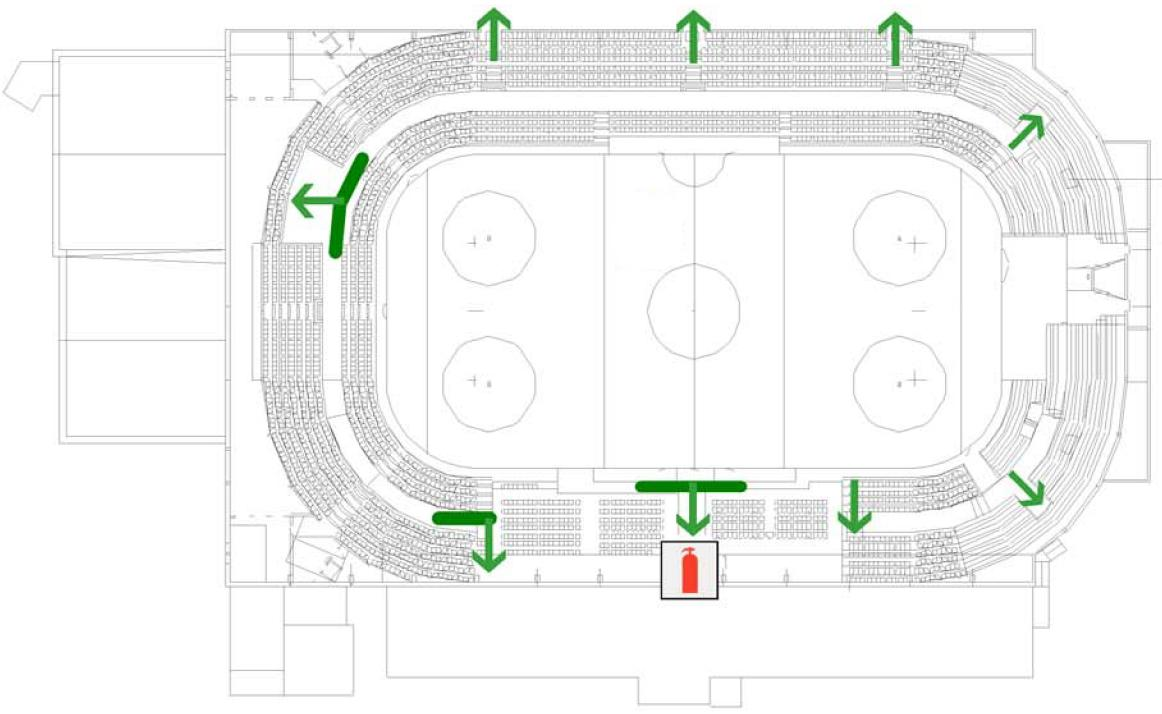 LTH Brandteknisk Riskvärdering av FM Mattsson Arena 4.2. Utrymningsvägar Varje publikt utrymme i objektet har tillgång till minst en utrymningsväg som leder direkt till det fria.