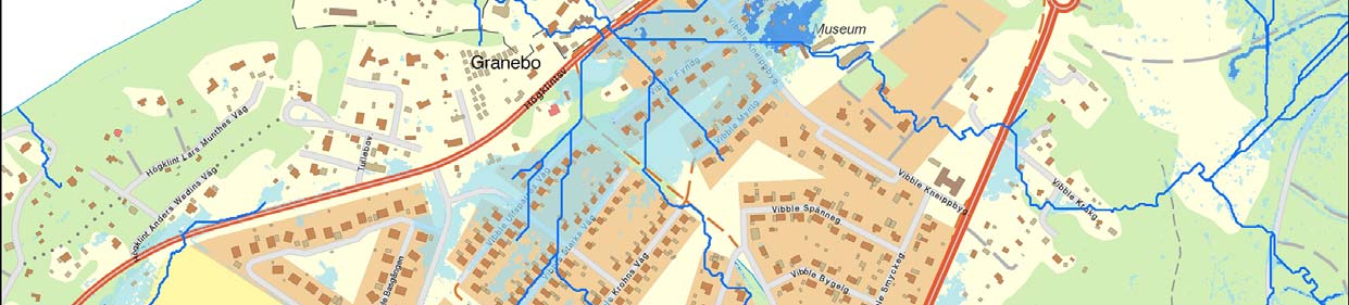 (Geografiska informationssystem). Lågpunkterna återges som blå ytor på kartan.