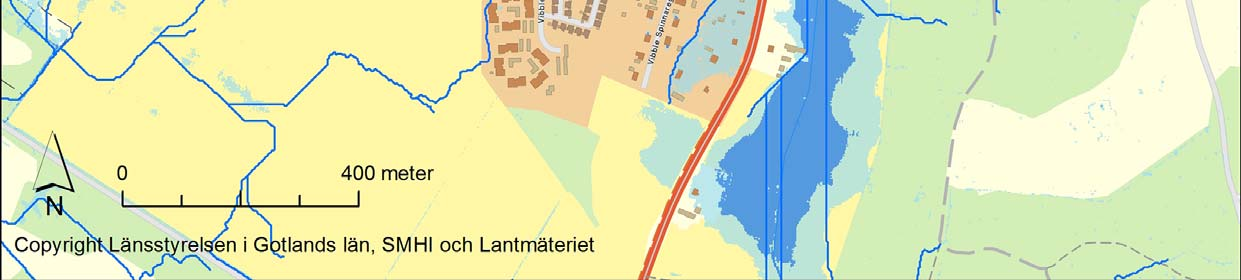 Flödesvägarna, återges som blå streck i kartan, visar huvudstråk där vatten förväntas rinna under
