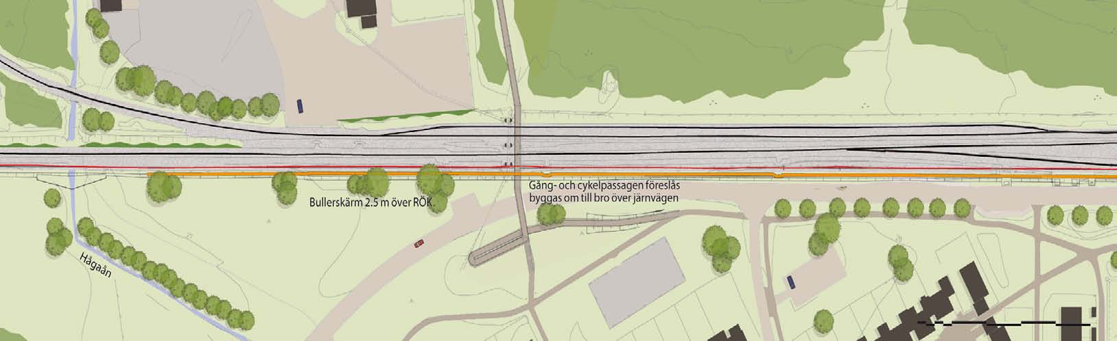 Planskilt dubbelspår: Håga Mellan Krigslida och Västerhaninge läggs det nya spåret på öster sida om befintligt spår Vid Krigslida byter det nya spåret sida Bullerskärmar på den västra