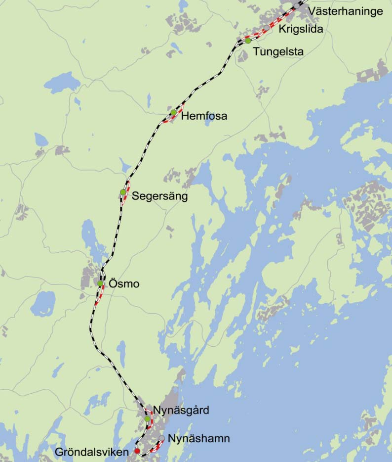 Snabba fakta om Nynäsbanan Påstigande per dygn söder om Älvsjö en vintervardag 2010: 31 600 Tåg per dygn: 142 Älvsjö Västerhaninge Tåg per dygn: 74