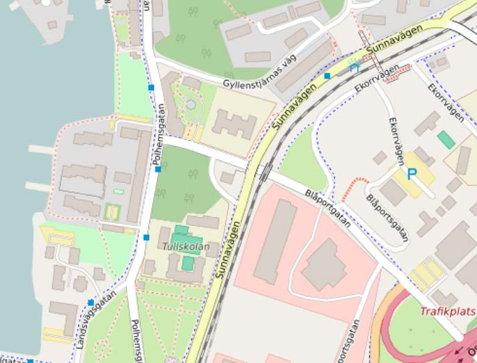 Befintlig infrastruktur Cykelvägar och vägar Kvarteret avgränsas av huvudgatorna Polhemsgatan i väster, Blåportsgatan i norr samt till viss del Sunnavägen med anslutningsvägar i öster.