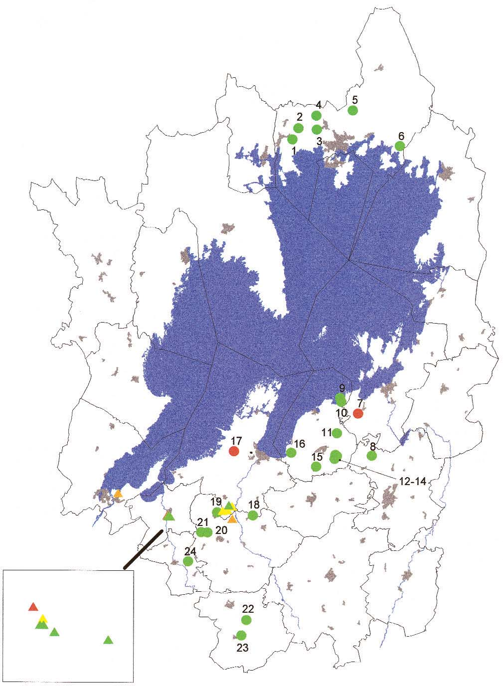 KAPITEL 4 Kartan visar de högsta uppmätta halterna av bekämpningsmedelsrester i grundvatten vid kommunala vattenverk och vattentäkter samt från enskilda brunnar.