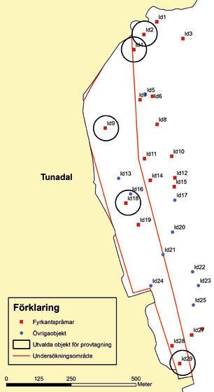 Genomförande Fig. 6. De lämningar som undersöktes vid den arkeologiska utredningen är markerade med ringar. Karta: Sjöfartsverket, bearbetad av Jim Hansson, Sjöhistoriska museet.
