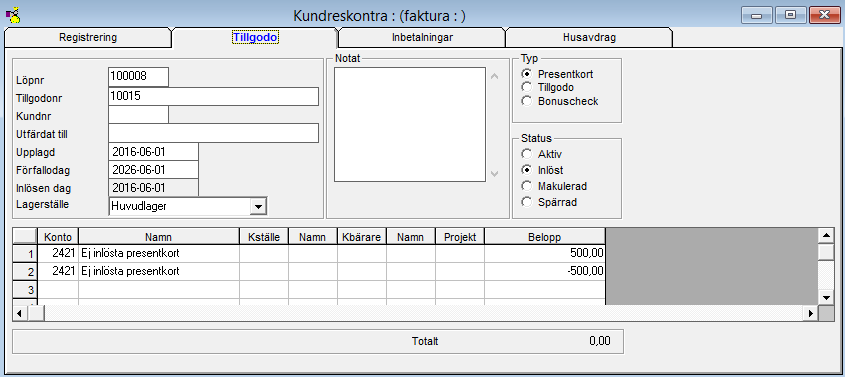 Under rubriken Status visas vilken status presentkort och tillgodokvitton har aktiv, inlöst, makulerad eller spärrad. När man säljer ett presentkort har presentkortet status Aktiv.