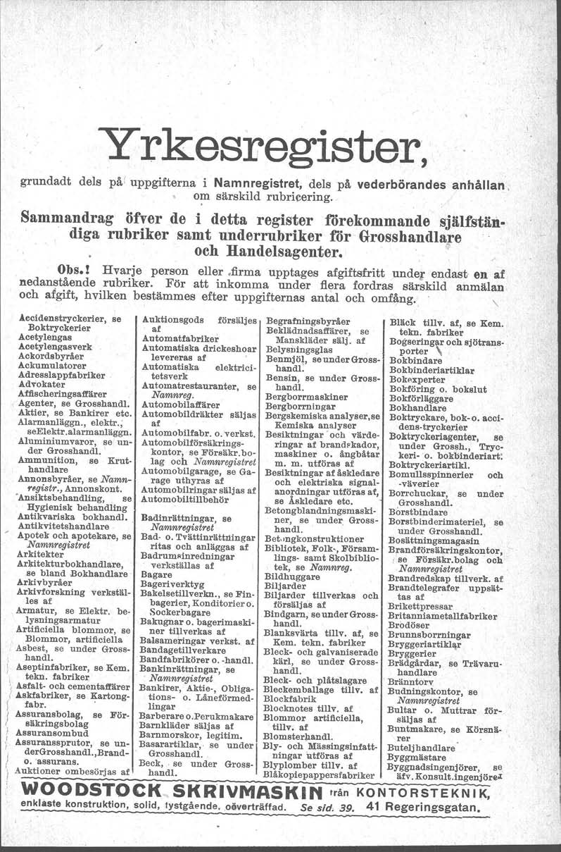 ./ yrkesrsgtstsr, grundadt dels på! uppgifterna i Namnregistret, dels på vederbörandes anhållan. om särskild rubricering. Sammandrag öfver de i detta register förekommende själfstän.