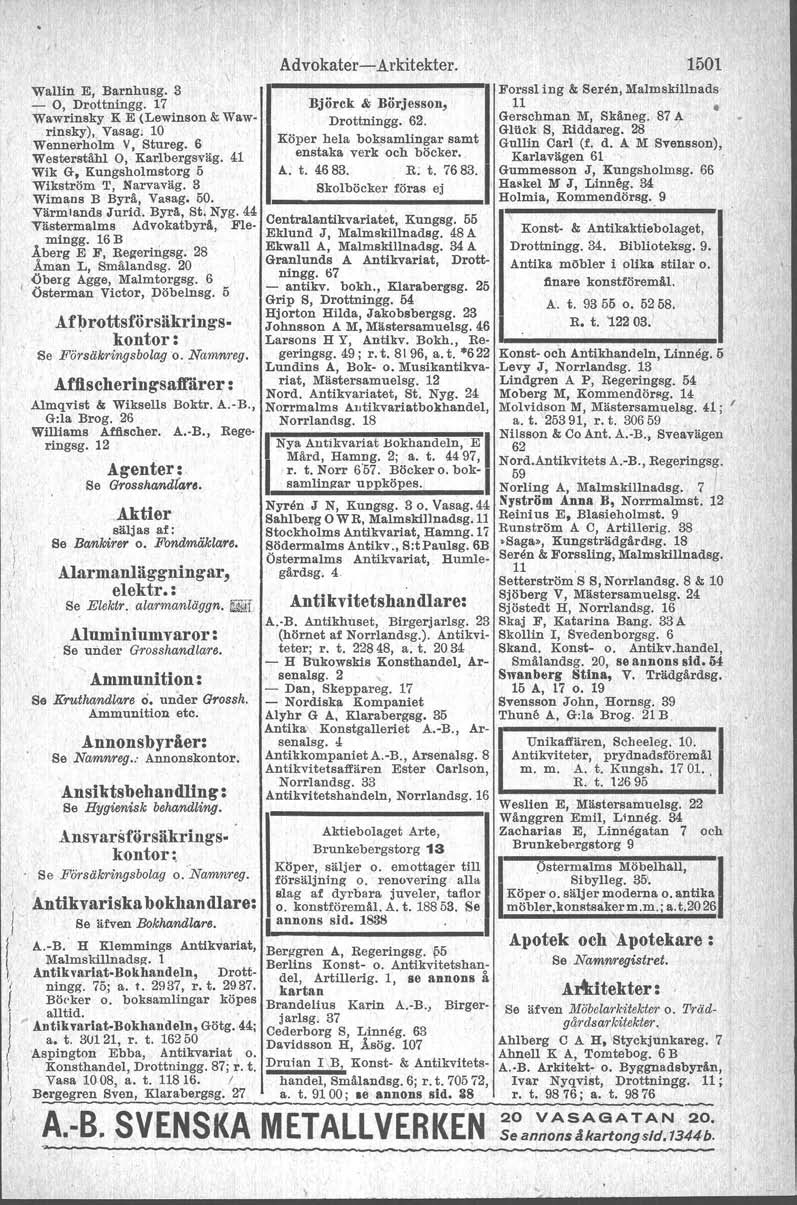 Wallin E, Barnhusg. 3-0, Drottningg. 17 Wawrinsky K E (Lewinson & Wawrinsky), Vas.agl 10 Wennerholm V, Stureg. 6 Westers.tåhl 0, Karlbergs.väg. 41 Wik G. Kungsholmstorg 5 Wikström '1" Narvaväg.