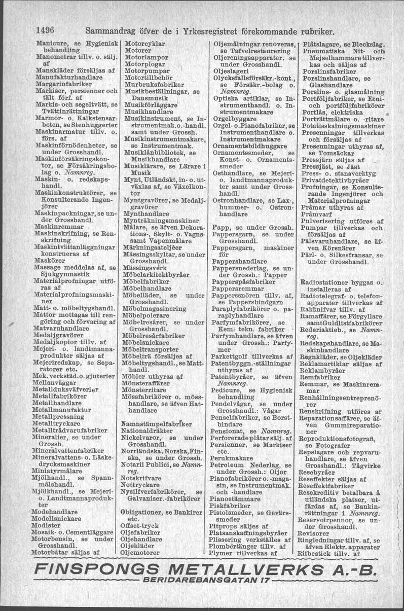 1496 Sammandrag öfver de Manicure, se Hygienisk behandling Manometrar tillv. o. sälj. ' Manskläder försäljas Manufakturhandlare Margarinfabriker Markiser, persienner och tält förf.