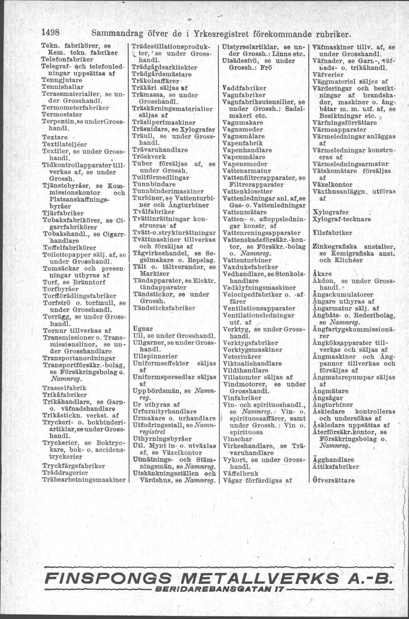 1498 Sammandrag öfver de i Yrkesregistret förekommande rubriker. Tekn. fabrikörer, se Kem. tekn.