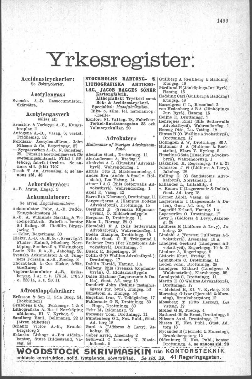 1499 ~. i! " Yrkesregister: Accidenstryckerier: Se Bokt:ryckerier. Acetylengas: Svenska A.-B. Gasaccumulator, Skärsätra. Acetylengasverk säljas : Armatur- &Verktygs A.-B., Kungsbroplan 2 Autogena A.