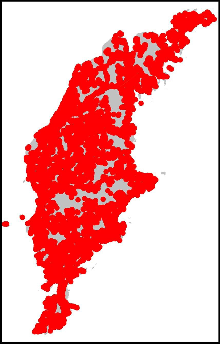 Rött = skyddszon med 1000 m radie runt bostadsbebyggelse på Gotland.