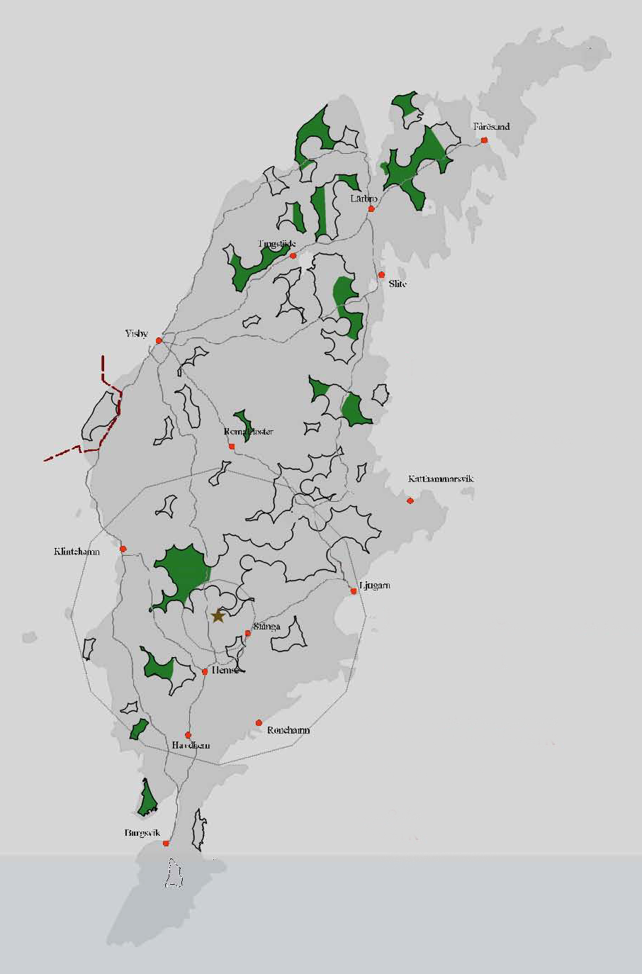 Vindkraft ej möjlig enligt Försvaret Grönt = Möjliga områden enligt tidigare förslag till