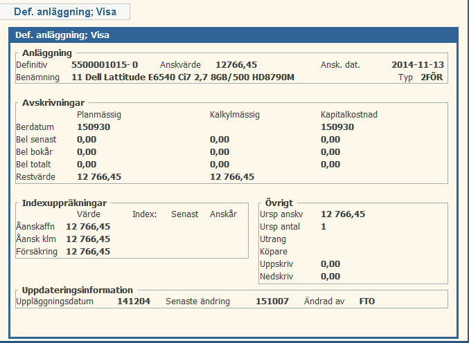 2.3.3 Särskilda funktioner De funktioner som beskrivs nedan är Övriga data, Historik och Anteckningar samt Bilagehantering. Sök fram den anläggningstillgång du vill ha mer information om.