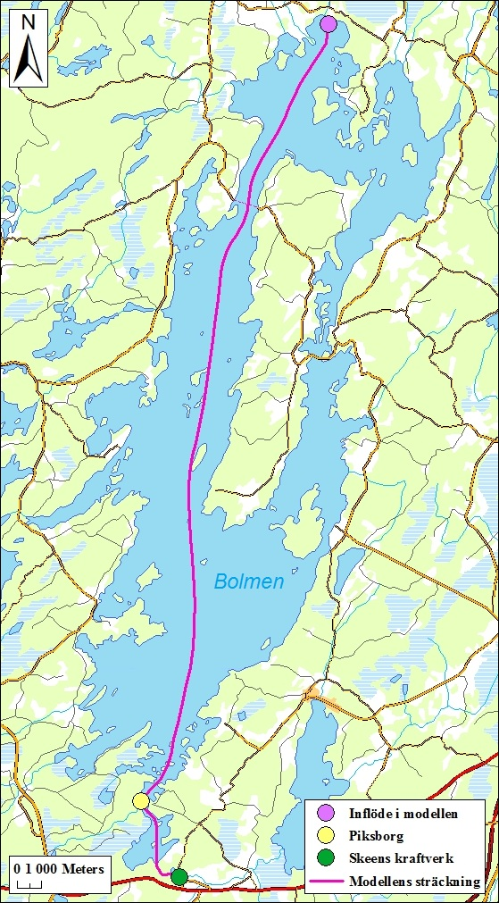 Figur 9. Den rosa linjen visar den hydrauliska modellens sträckning genom sjön Bolmen och Bolmåns kanaler fram till Skeens kraftverk. Lantmäteriet, medgivande i2012/921.