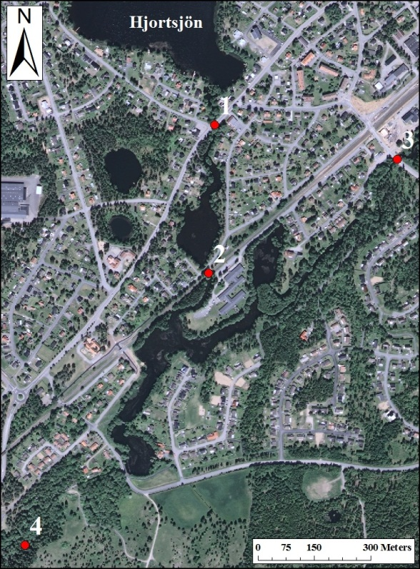 Övre Lagan Uppströms Götaforsdammen mättes bottennivån i Hjortsjöån och Lagan på fyra ställen (figur 11). Vid tre av de fyra platserna fastställdes vattendragens bottennivå i m ö.h. genom att mäta det vertikala avståndet från en punkt med känd höjd enligt laserskannad höjddata ned till vattendragens botten.