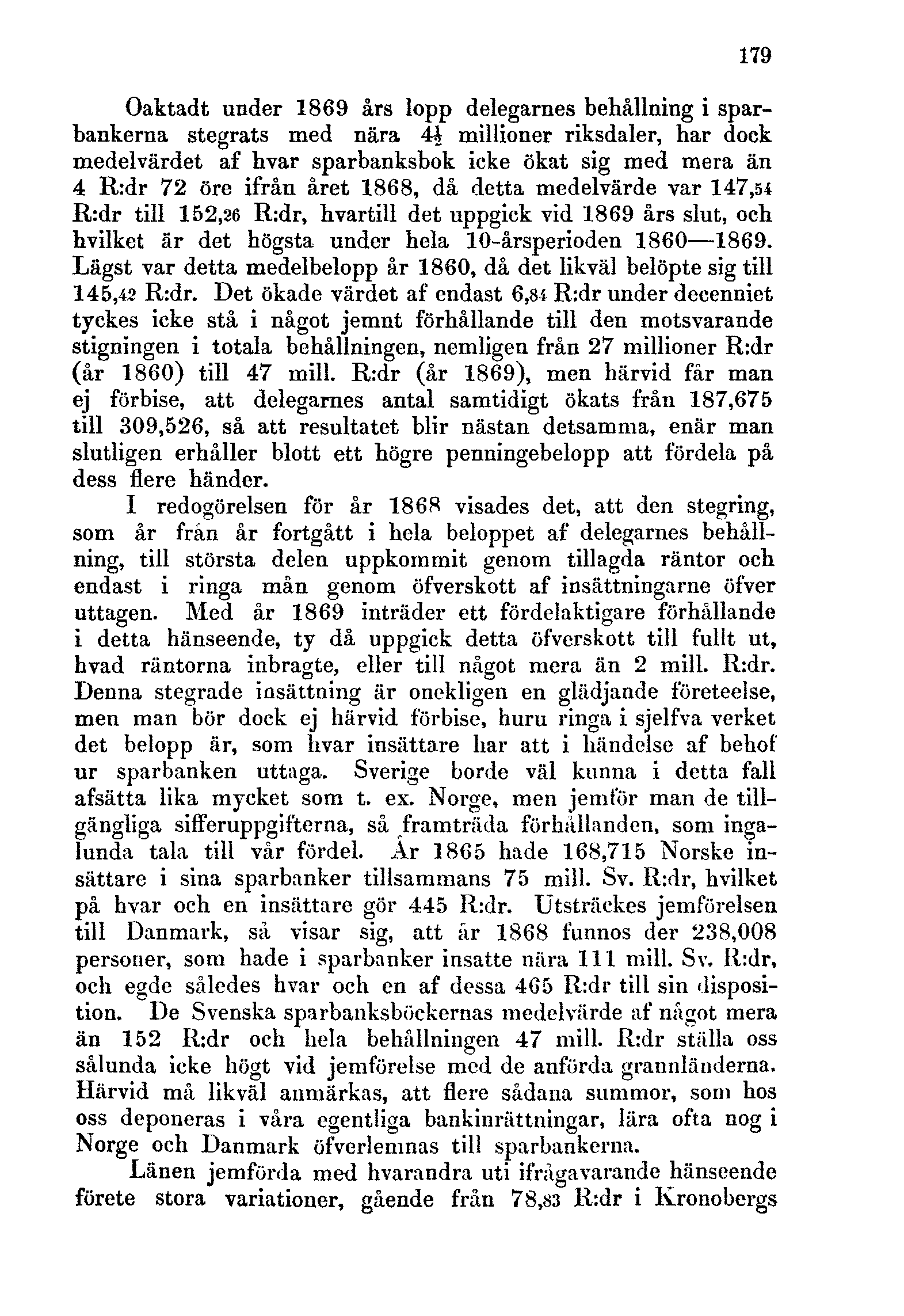179 Oaktadt under 1869 års lopp delegarnes behållning i sparbankerna stegrats med nära ii millioner riksdaler, har dock medelvärdet af hvar sparbanksbok icke ökat sig med mera än 4 R:dr 72 öre ifrån