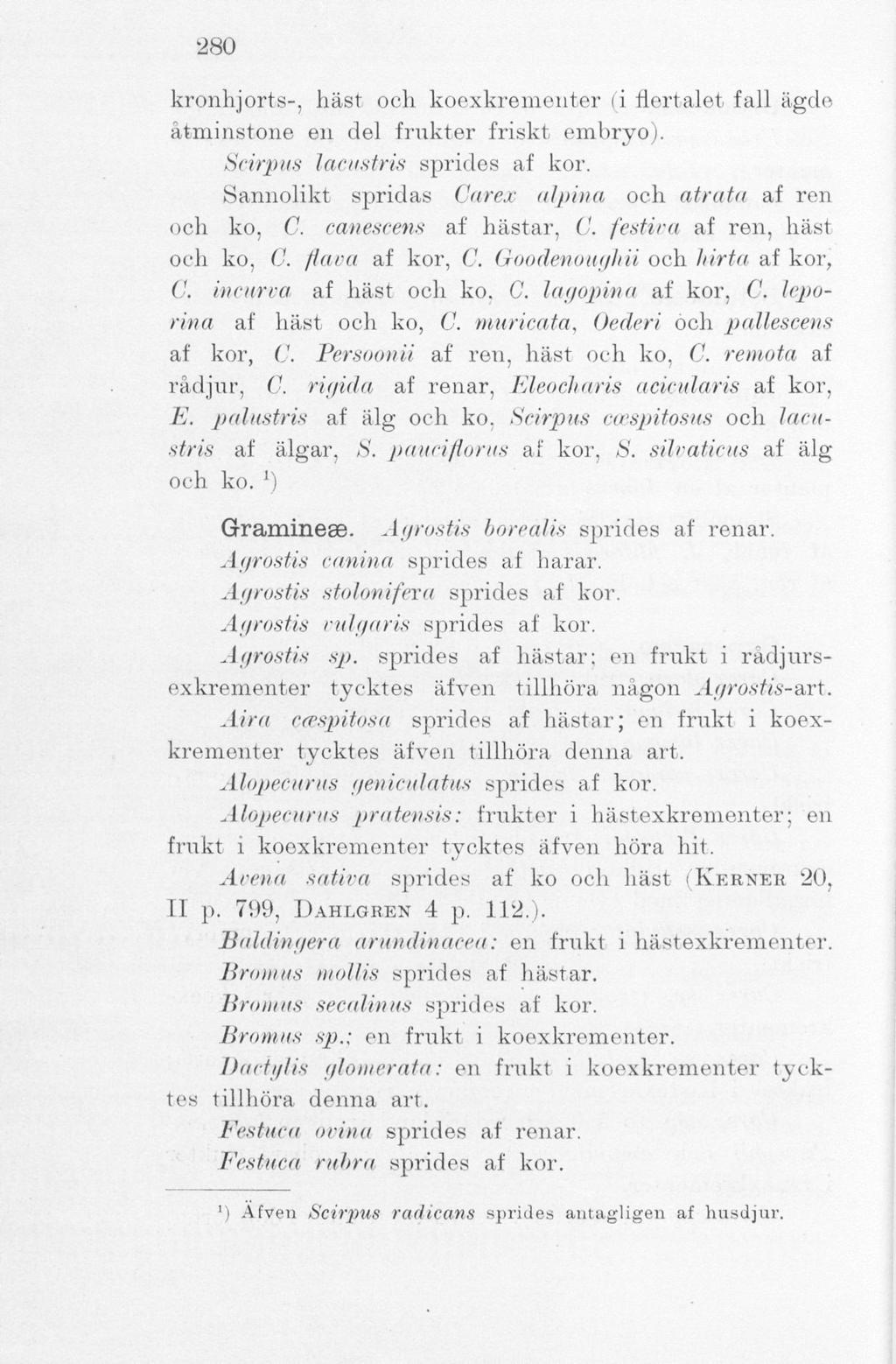 280 kronhjorts-, häst och koexkrementer (i flertalet fall ägde åtminstone en del frukter friskt embryo). Scirpus lacustris sprides af kor. Sannolikt spridas Carex alpina och atrata af ren och ko, C.