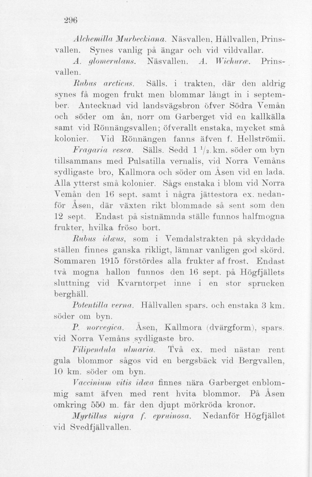 296 Alchemilla Murbeckiana. Näsvallen, Hållvallen, Prinsvallen. Synes vanlig på ängar och vid vildvallar. A. glomerulans. Näsvallen. A. Wichwra. Prinsvallen. Rubus arcticus.