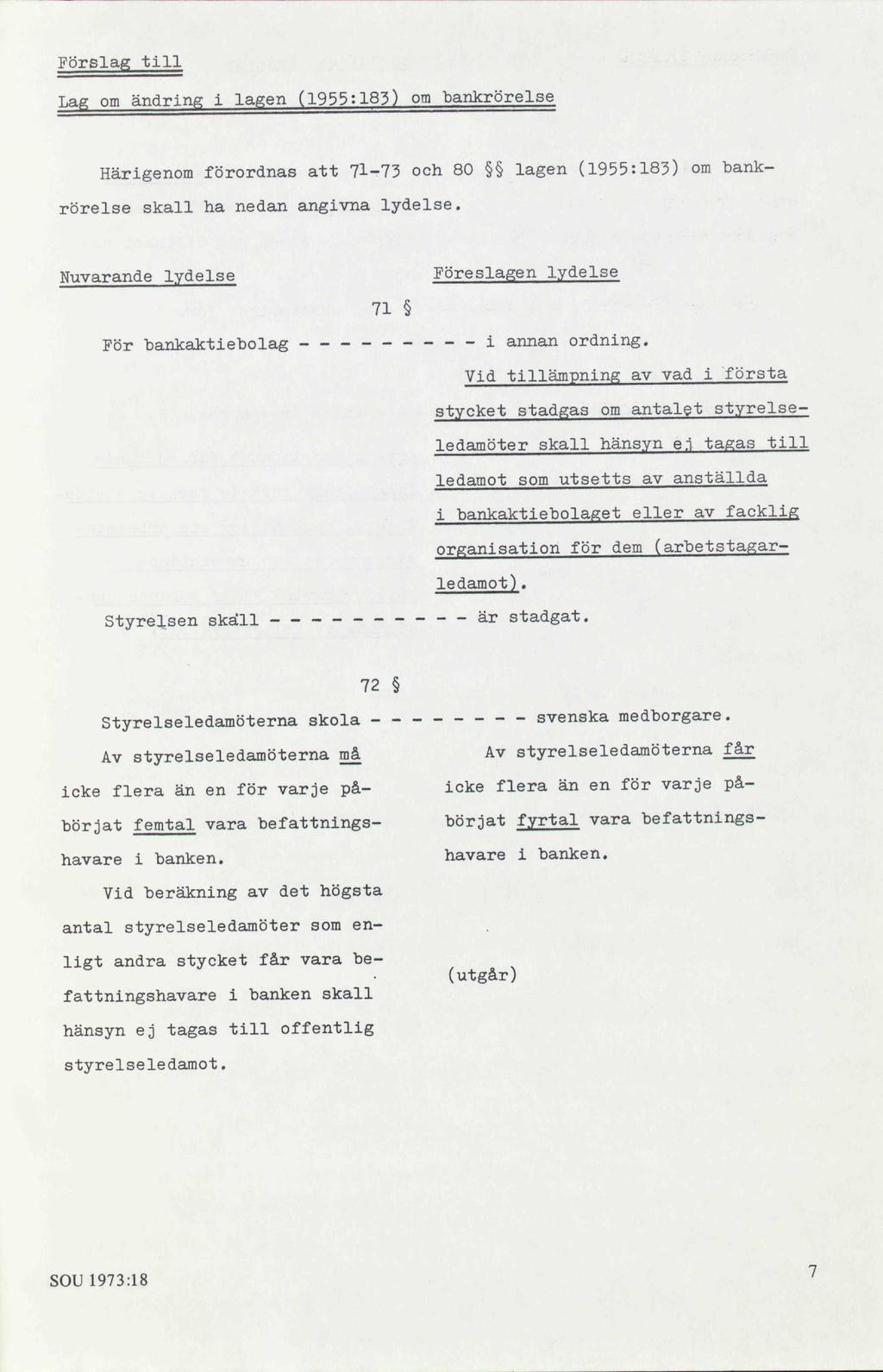 Förslag till Lag omändring i lagen (1955:183) om bankrörelse Härigenom förordnas att 71-73 och 80 lagen (1955:183) om bankrörelse skall ha nedan angivna lydelse.