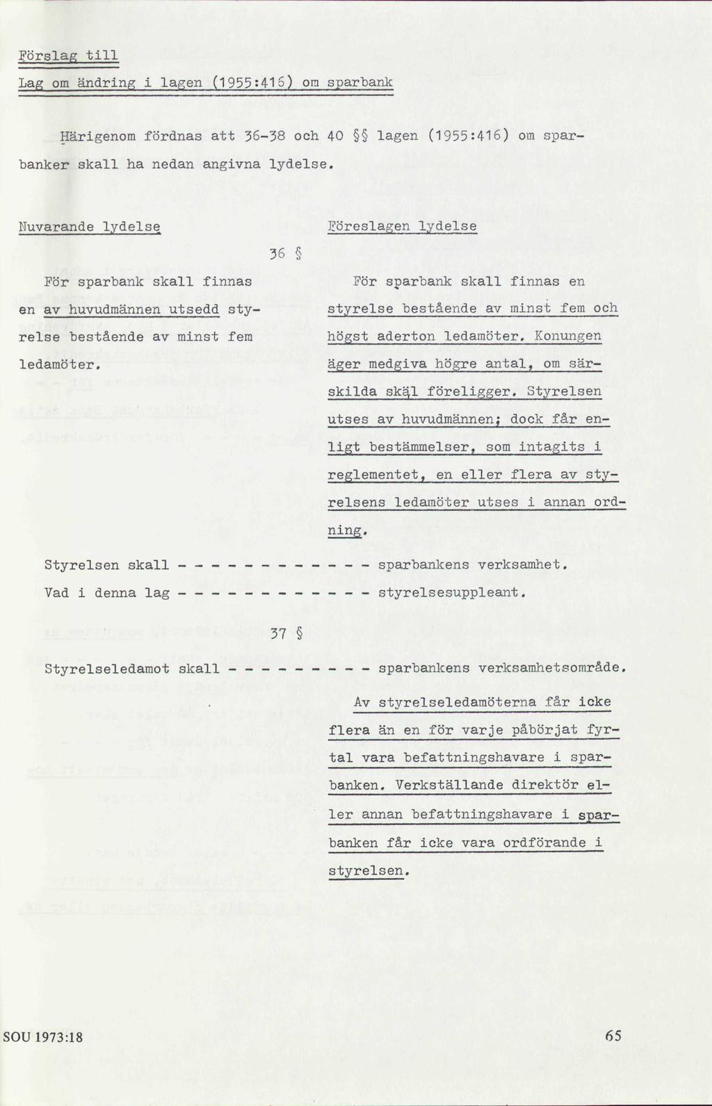 Förslag till Lag om ändring i lagen (1955:415) om sparbank Härigenom fordnas att 36-38 och 40 lagen (1955:416) om sparbanker skall ha nedan angivna lydelse.