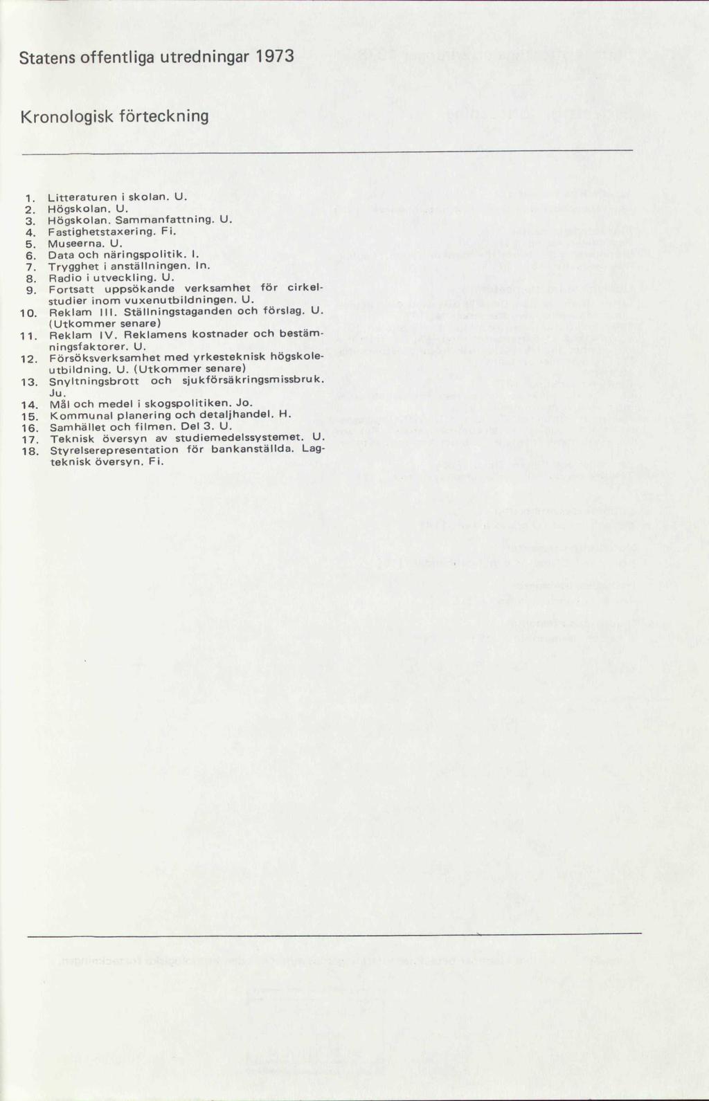 Statens offentliga utredningar 1973 Kronologisk förteckning 1. Litteraturen i skolan. U. 2. Högskolan. U. 3. Högskolan. Sammanfattning. U. 4. Fastighetstaxering. Fi. 5. Museerna. U. 6.